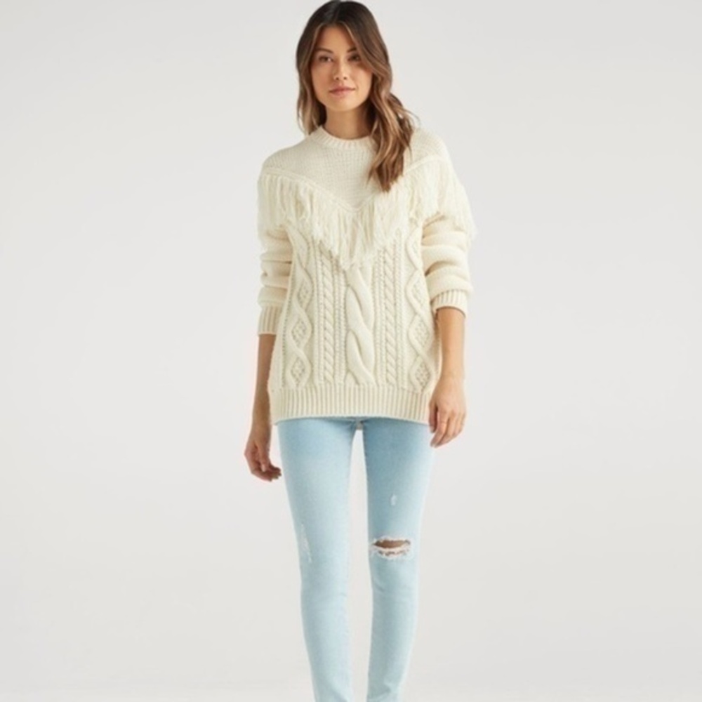 7 For All Mankind Wool Fringed Yoke Sweater In Champagne